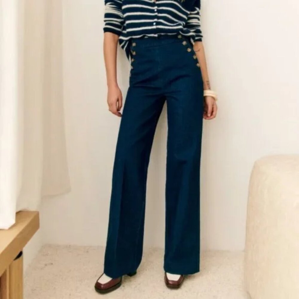 Sezane MARINO TROUSERS, Sailor Jeans, Dark Denim, wide leg Size 42
